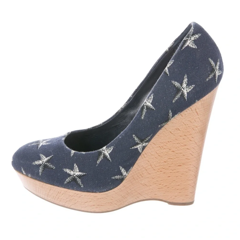 YSL YVES SAINT LAURENT Starfish Print Canvas Platform Wedge Size 9.5 US  EU 39.5